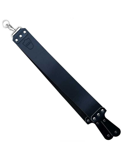 A black leather straight razor strop with metal hardware and paddle handles.