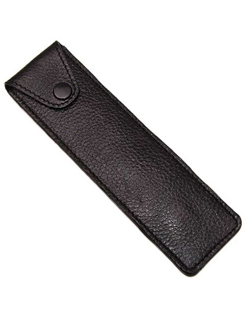 Black leather travel case for straight razors with a snap lid, made of genuine leather and felt lined.