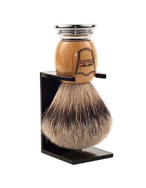Parker - Olivewood Handle Silver Tip Badger Brush with Stand - New England Shaving Company