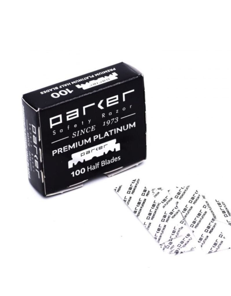 Parker safety razor premium platinum half blades packaging on a white background