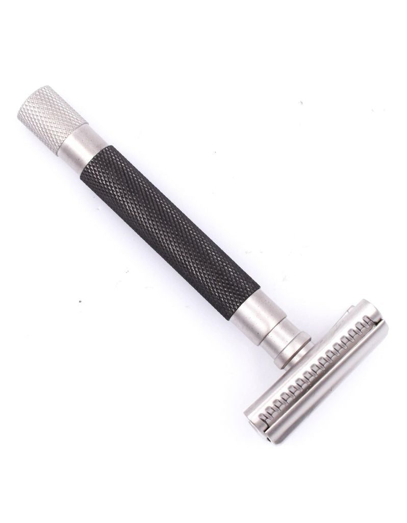 Shaving razor with black handle and slant  head