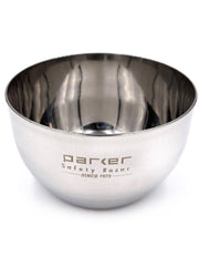 Stainless steel bowl with 'Parker Safety Razor' branding on a white background