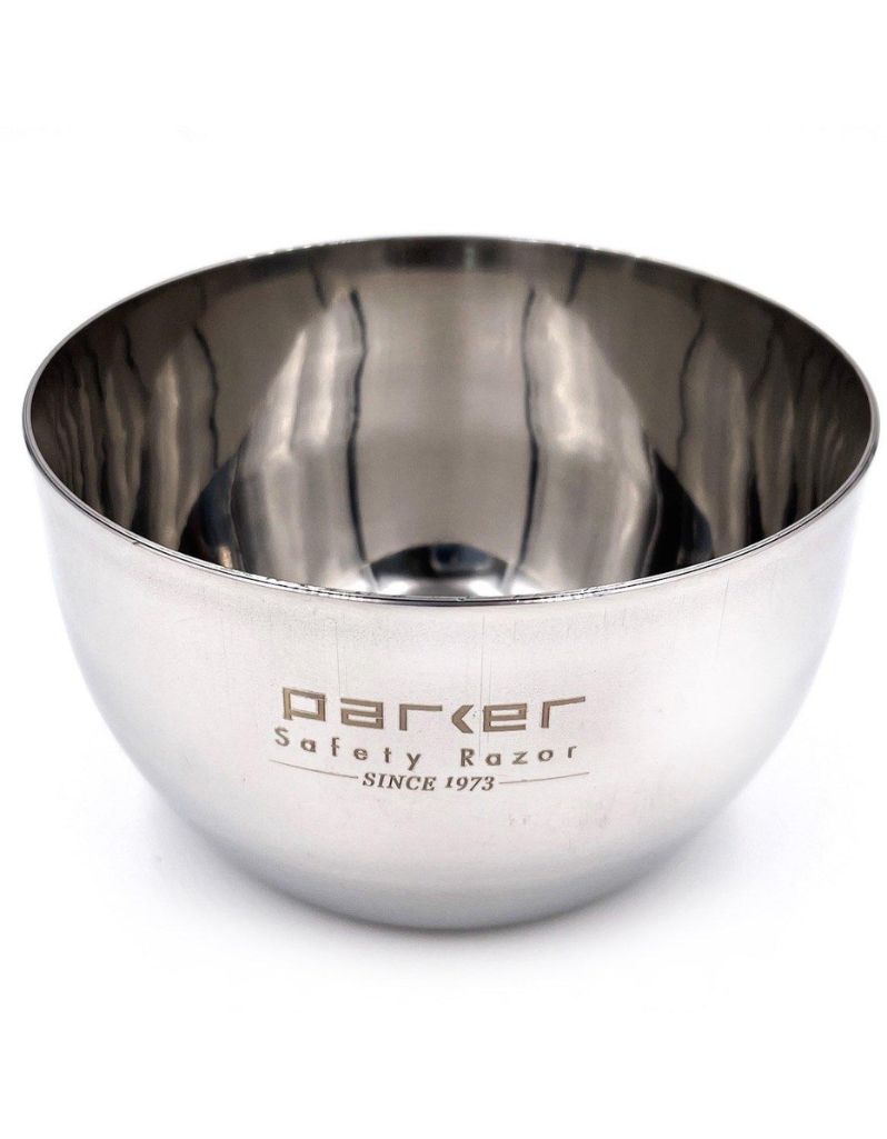 Stainless steel bowl with 'Parker Safety Razor' branding on a white background