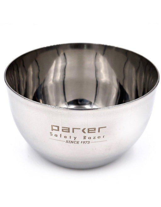 Stainless steel bowl with 'Parker Safety Razor' branding on a white background