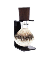 Parker WNST Shaving brush with wooden handle and black stand on a white background