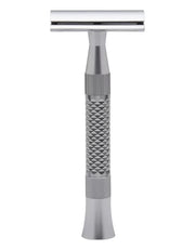 Pearl Blaze double edge safety razor with a polished head and gray diamond textured handle, on a white background