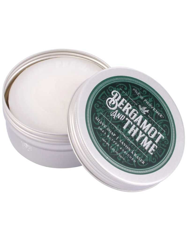 Pre de Provence shave soap tin with bergamot and thyme scent and shea butter for smooth shaving