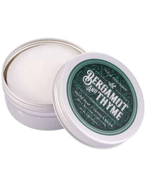Pre de Provence shave soap tin with bergamot and thyme scent and shea butter for smooth shaving