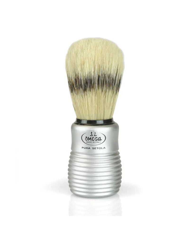Omega boar bristle shaving brush with brushed aluminum handle for quick lather, Pre de Provence