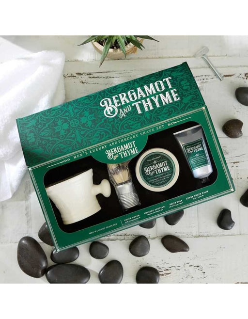 Pre de Provence Bergamot and Thyme Men's Luxury Shave Gift Set – ceramic scuttle, chrome brush, soap tin, and after shave balm in green gift box