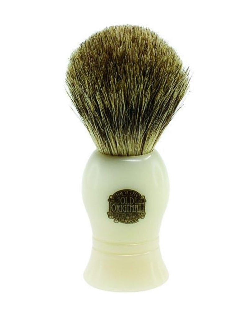 Progress Vulfix 22C pure badger shaving brush in cream handle, showing dense knot and polished lathe-turned grip.