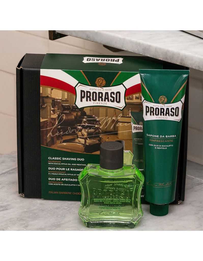 Proraso shaving duo with green bottle and tube on a marble surface