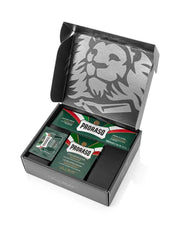 Proraso grooming products in a decorative box with a lion emblem.