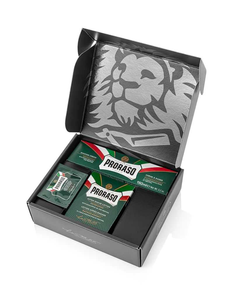Proraso grooming products in a decorative box with a lion emblem.