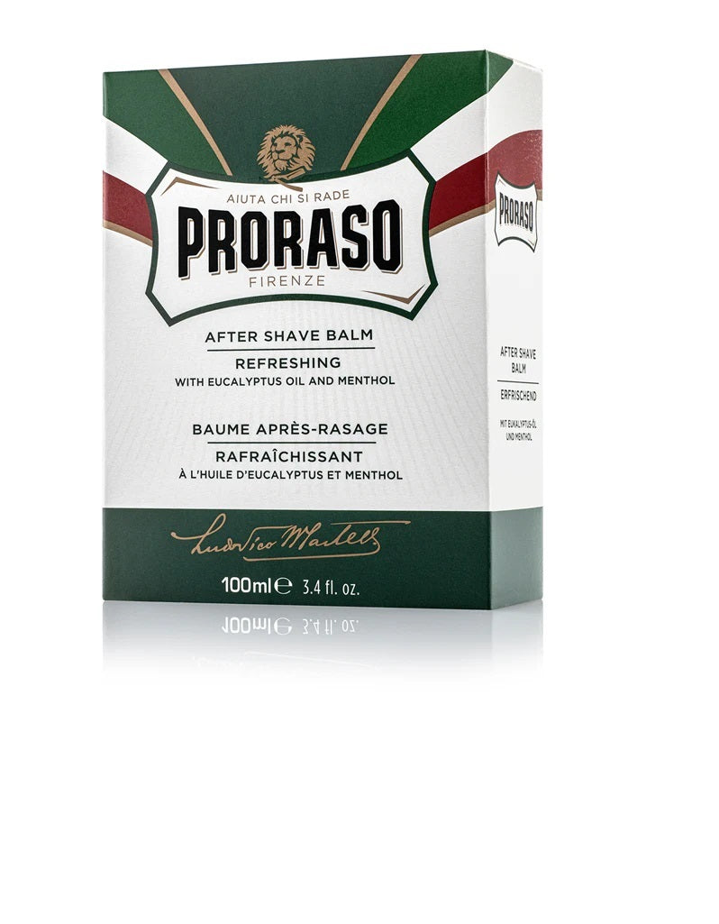 Box of Proraso After Shave Balm with packaging featuring green and white colors, brand name, and product details.