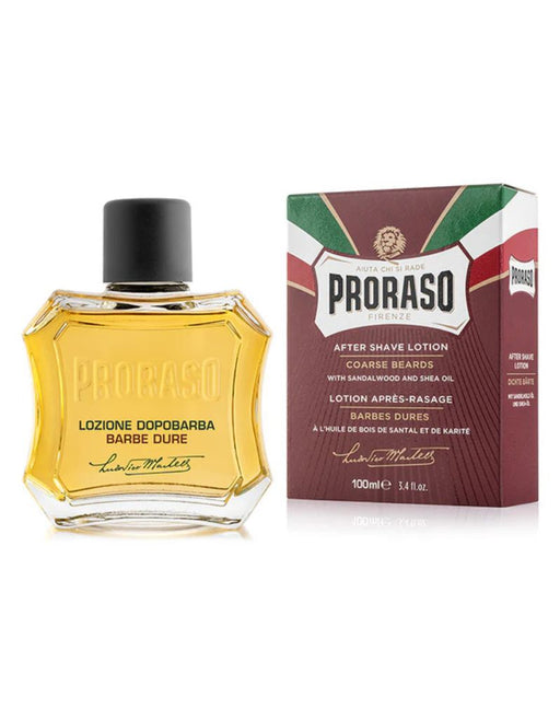 Proraso after shave lotion bottle for coarse beards and packaging on a white background