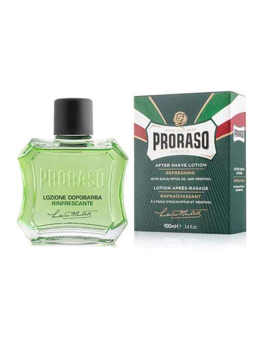 Proraso Refreshing after shave lotion bottle and packaging on a white background