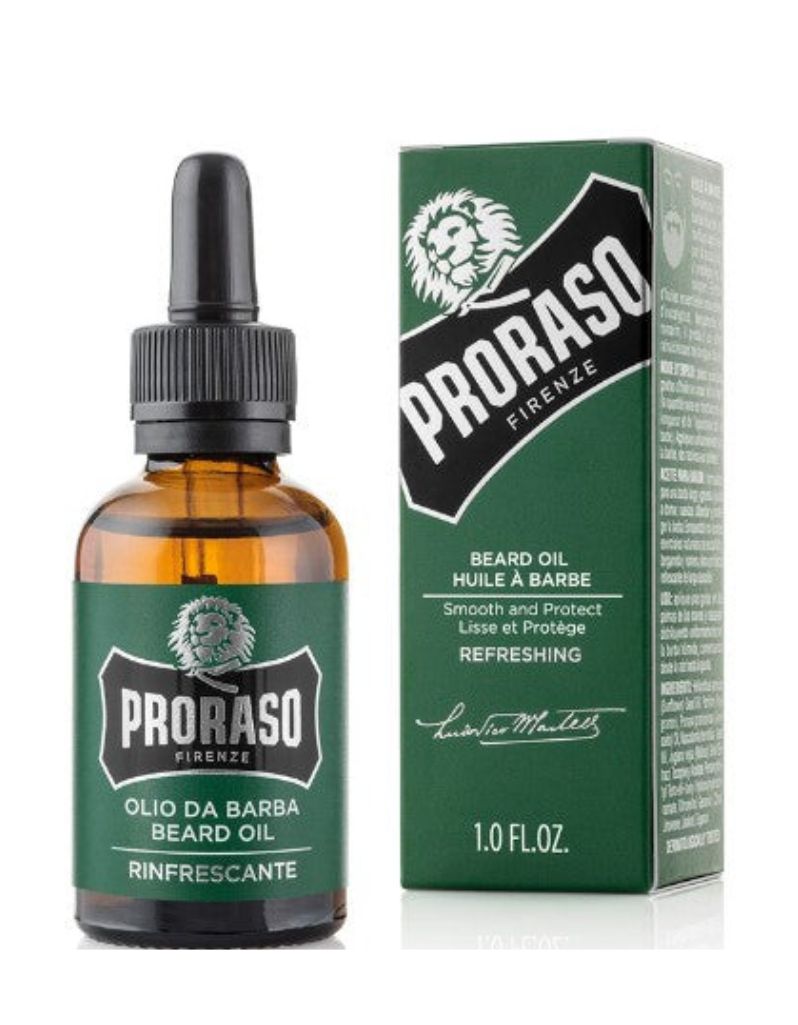 Proraso Refresh beard oil bottle and packaging on a white background