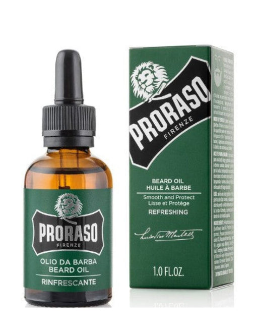 Proraso Refresh beard oil bottle and packaging on a white background