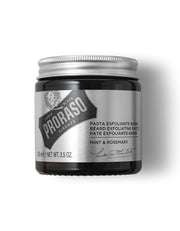 Proraso beard exfoliating paste jar on a white background