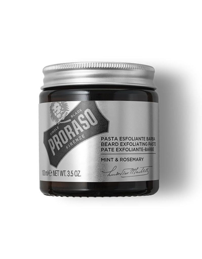 Proraso beard exfoliating paste jar on a white background