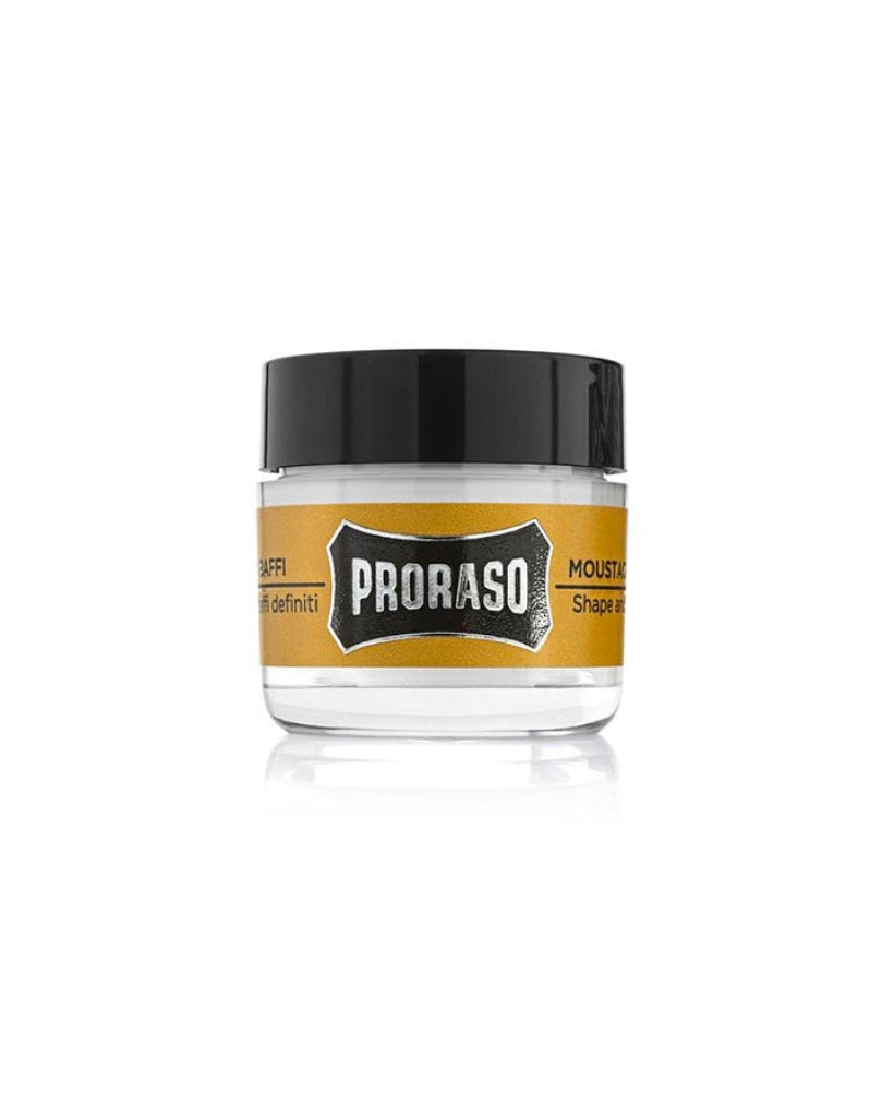 A jar of Proraso Moustache Wax with Wood & Spice scent, predominantly yellow label with black lid.