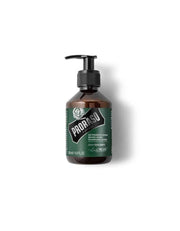 A bottle of Proraso Beard Wash with a pump dispenser, labeled 'Proraso' and indicating the product is for 'Beard & Skin', with green and white color scheme.