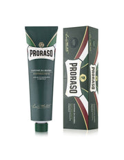 A tube and box of Proraso Shaving Cream with green packaging, labeled ' Refreshing '.