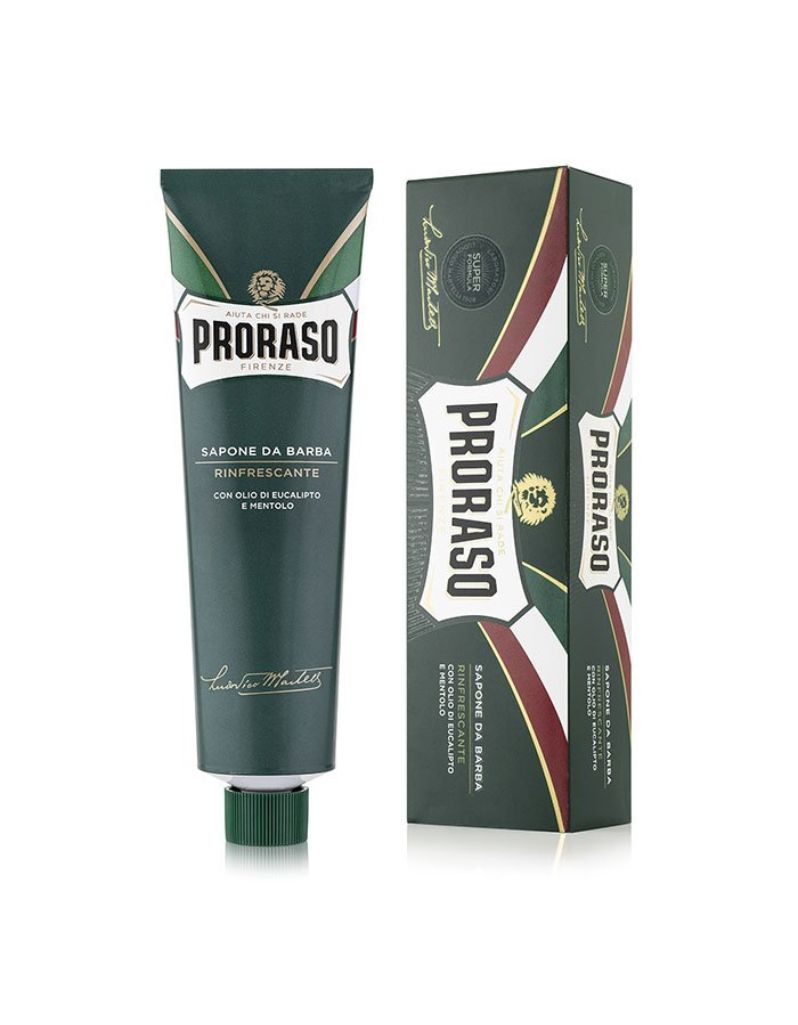 A tube and box of Proraso Shaving Cream with green packaging, labeled ' Refreshing '.