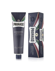 Proraso shaving cream tube and packaging, predominantly blue with green and white accents, labeled 'Protective - Blue'.