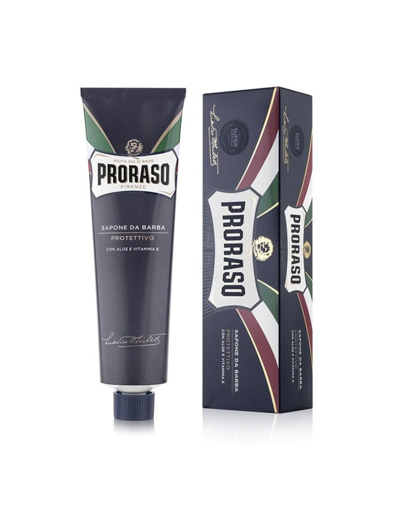 Proraso shaving cream tube and packaging, predominantly blue with green and white accents, labeled 'Protective - Blue'.