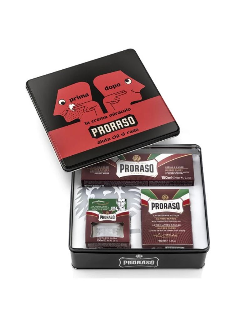 Proraso Red Line shaving gift set in vintage tin with pre-shave, shaving cream, and aftershave for coarse beards