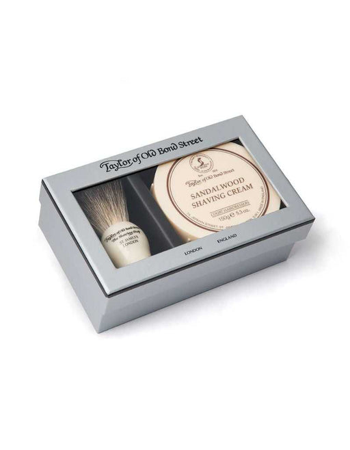 Taylor of Old Bond Street shaving set with brush and cream in a gift box on a white background