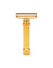 Gold-colored Rex Ambassador safety razor on a white background