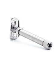 A silver-colored adjustable safety razor with a slanted blade and a knurled handle.