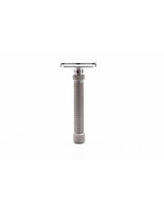 A silver double edge safety razor with an adjustable dial and textured handle, manufactured from marine-grade stainless steel.