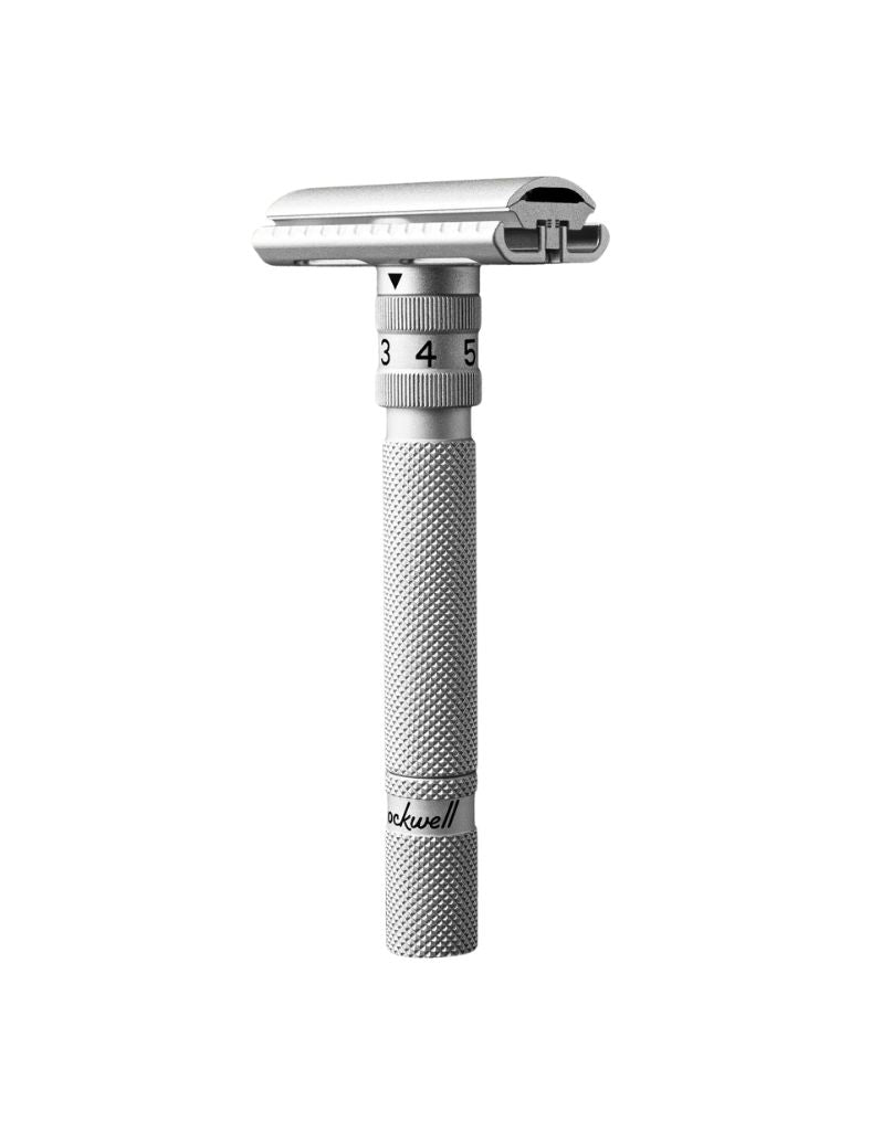 Rockwell SETPOINT adjustable safety razor in silver aluminum with numbered blade gap dial and knurled handle