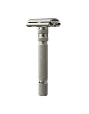 Rockwell SETPOINT adjustable safety razor in brushed stainless steel with numbered blade gap dial and knurled handle