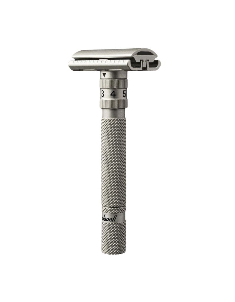 Rockwell SETPOINT adjustable safety razor in brushed stainless steel with numbered blade gap dial and knurled handle