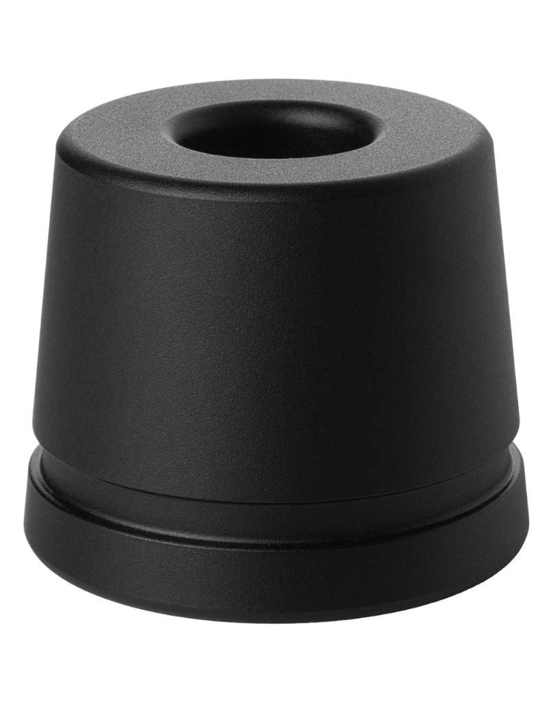 Rockwell SETPOINT razor stand in black aluminum with a tapered body, stepped base and center opening for the handle