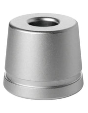 Rockwell SETPOINT razor stand in silver aluminum with a tapered body, stepped base and center opening for the handle