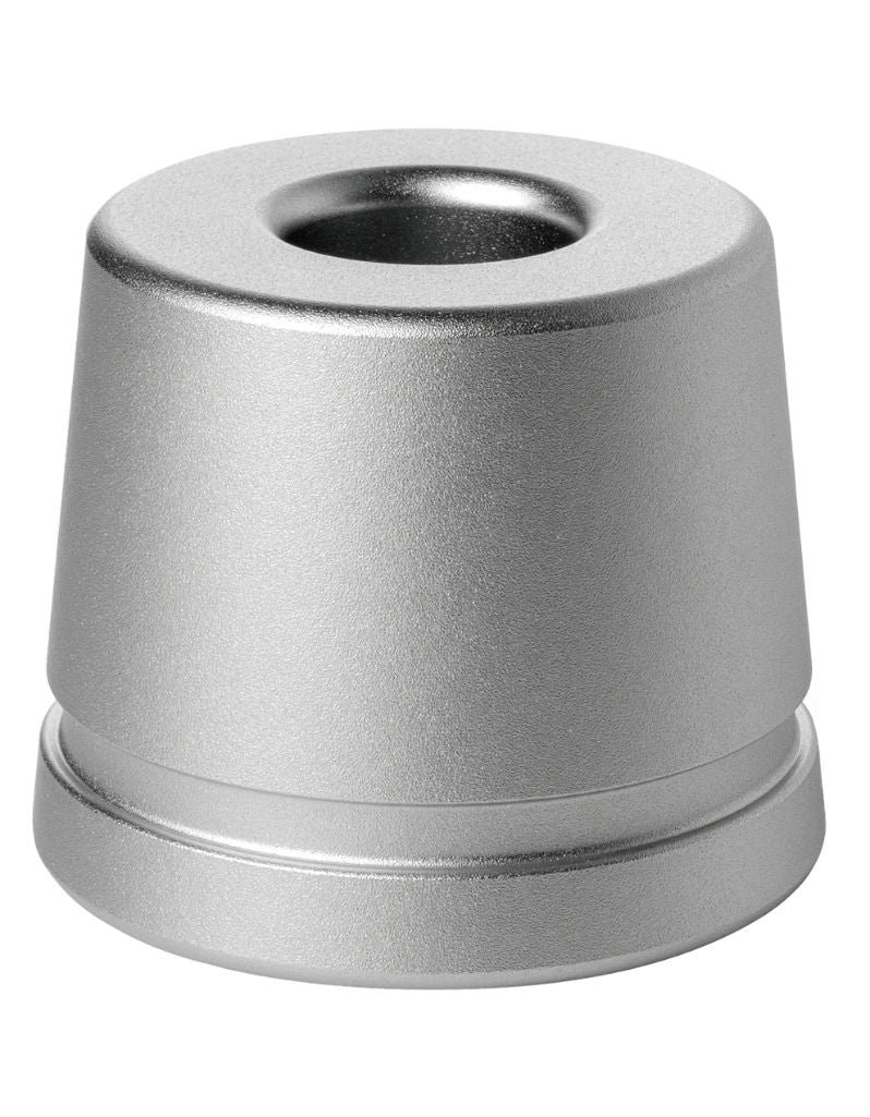 Rockwell SETPOINT razor stand in silver aluminum with a tapered body, stepped base and center opening for the handle