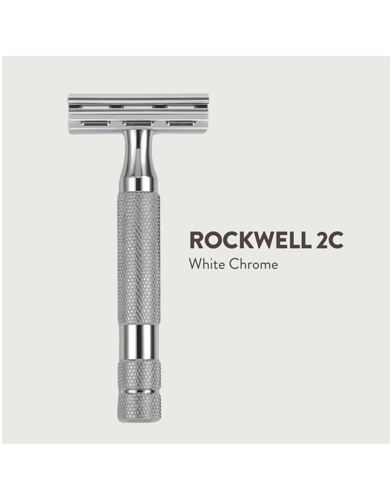 Rockwell 2C adjustable safety razor with R1 and R3 settings for a smooth shave with no irritation or razor burn