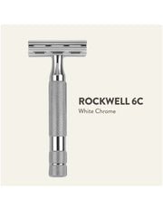 Silver razor with 'Rockwell 6C White Chrome' text on a white background