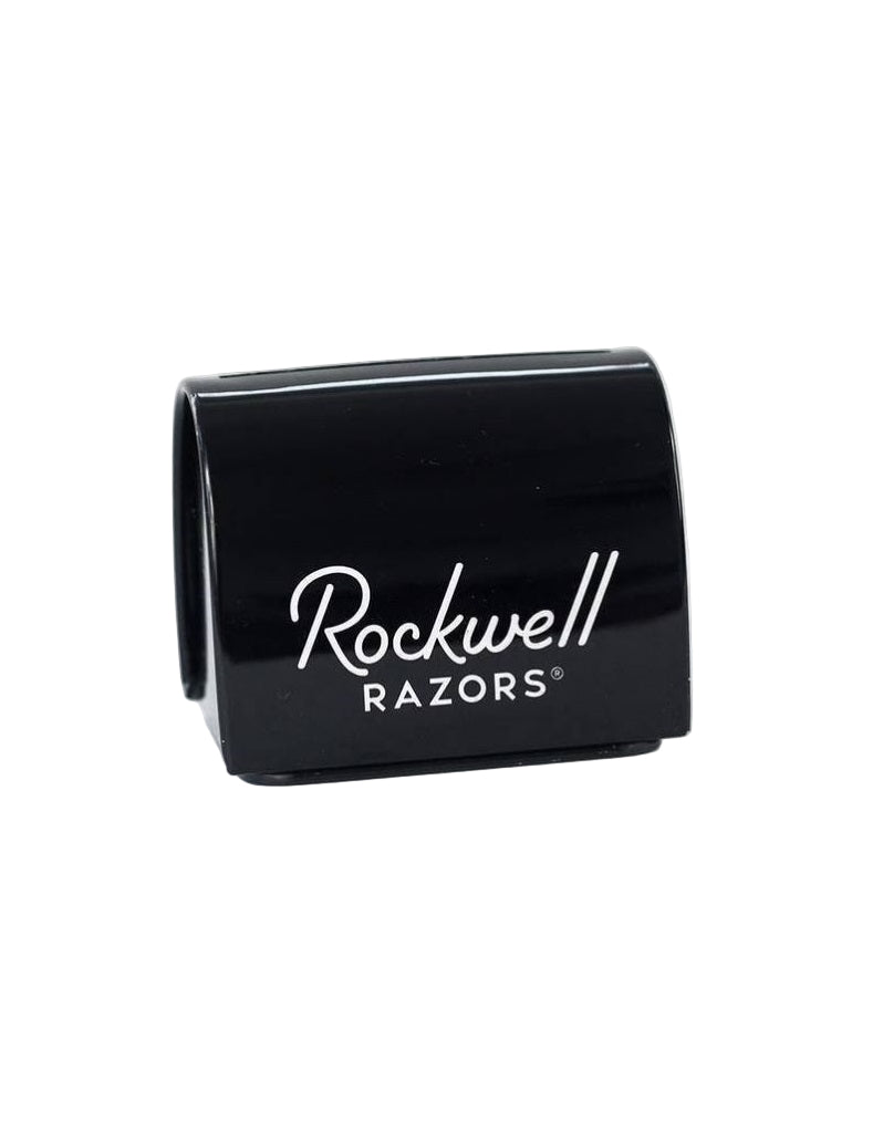 Black razor disposable case with 'Rockwell Razors' logo on a white background