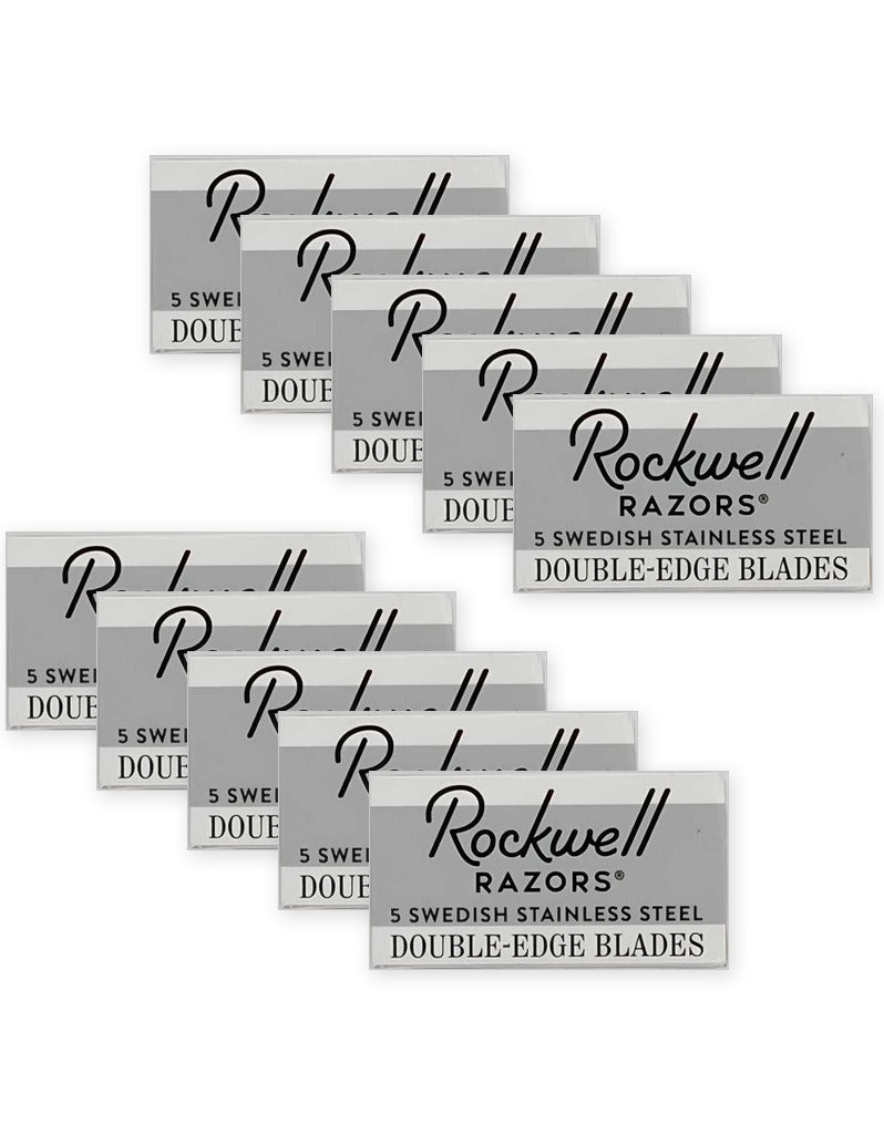 Ten Rockwell Swedish stainless steel double edge razor blade packs, 50 blades total
