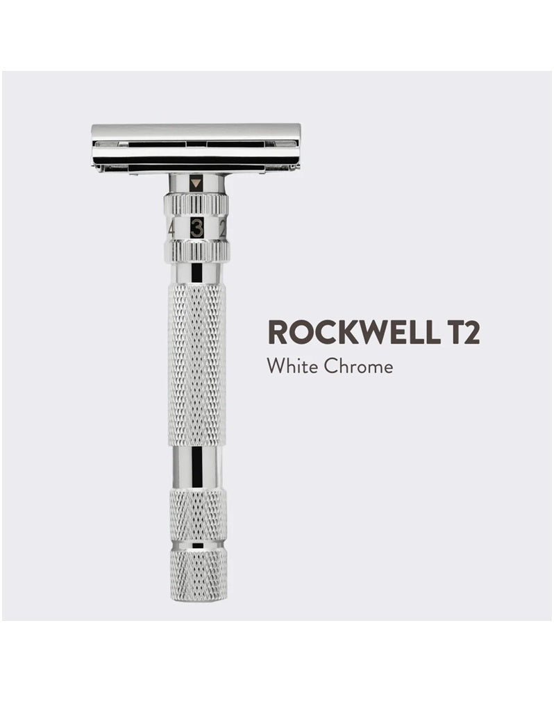 Rockwell T2 safety razor with adjustable settings and twist-to-open design in stainless steel for smooth, custom shaving