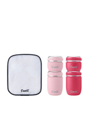 S’well travel container set with a white zip toiletry bag and four pink aluminum jars with clear lids