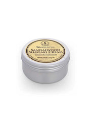 Sandalwood shaving cream in a metal container on a white background