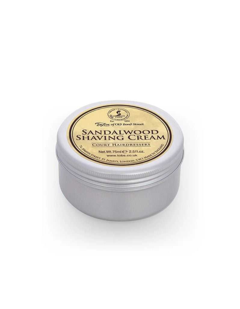 Sandalwood shaving cream in a metal container on a white background